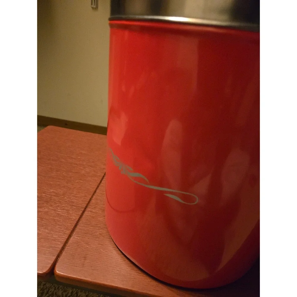 Vintage‎ Red Metal Canister with Silver Filigree Scroll and Stainless Steel Lid